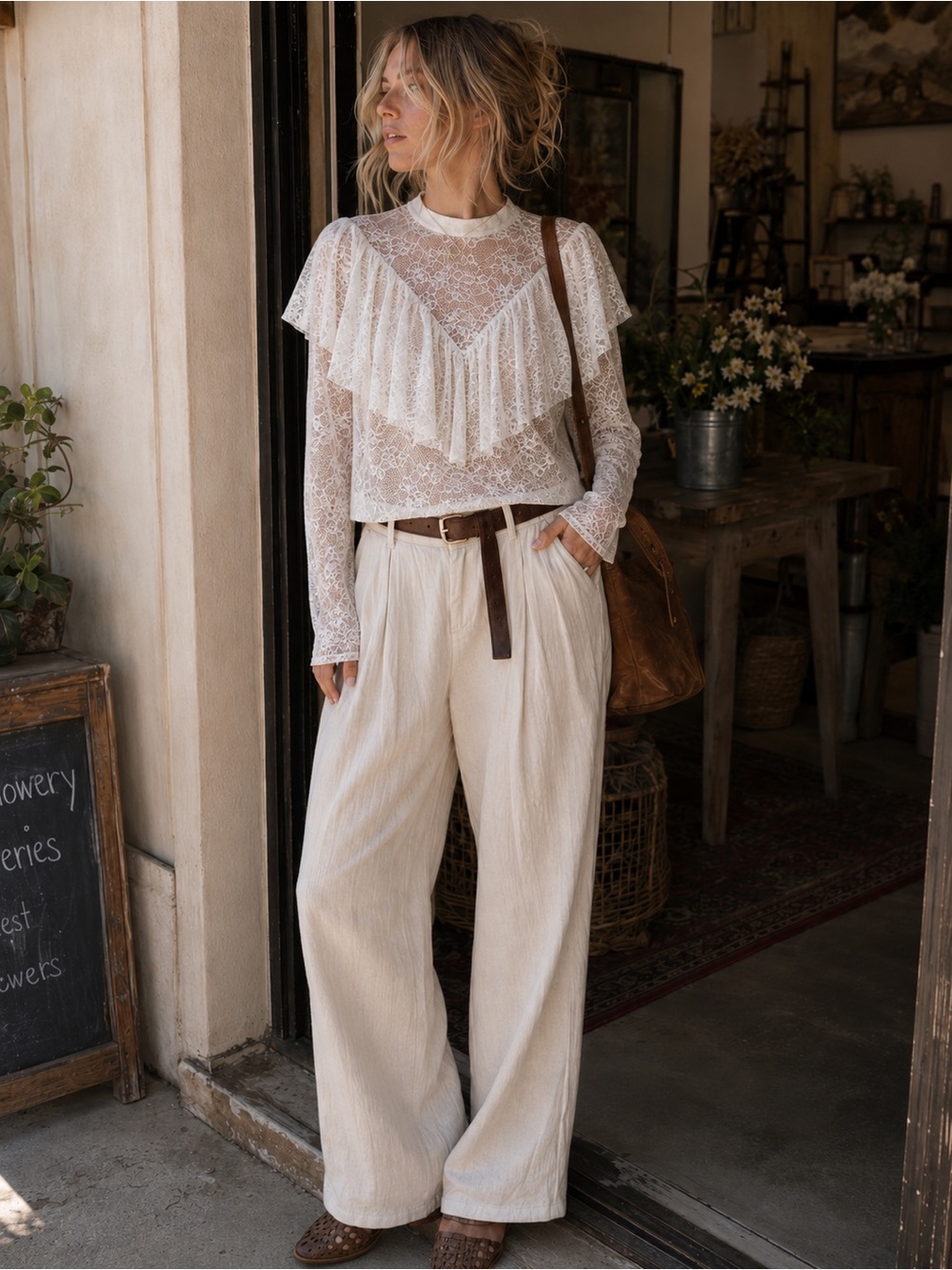 Zara White Lace Ruffled Long-Sleeve Blouse